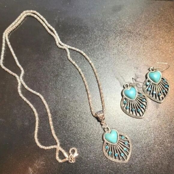 Vintage Ladies Boho Jewelry Set Hollow Leaf Shaped Inlay Heart Shape Stone - Picture 3 of 14